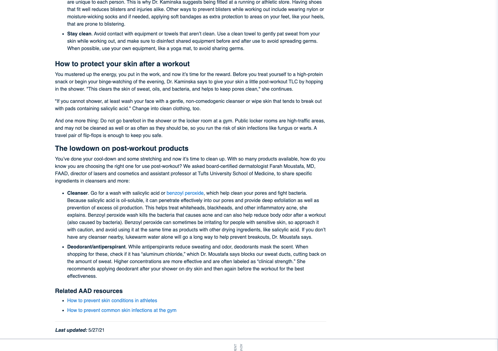 AAD guidance on skin care after sweating