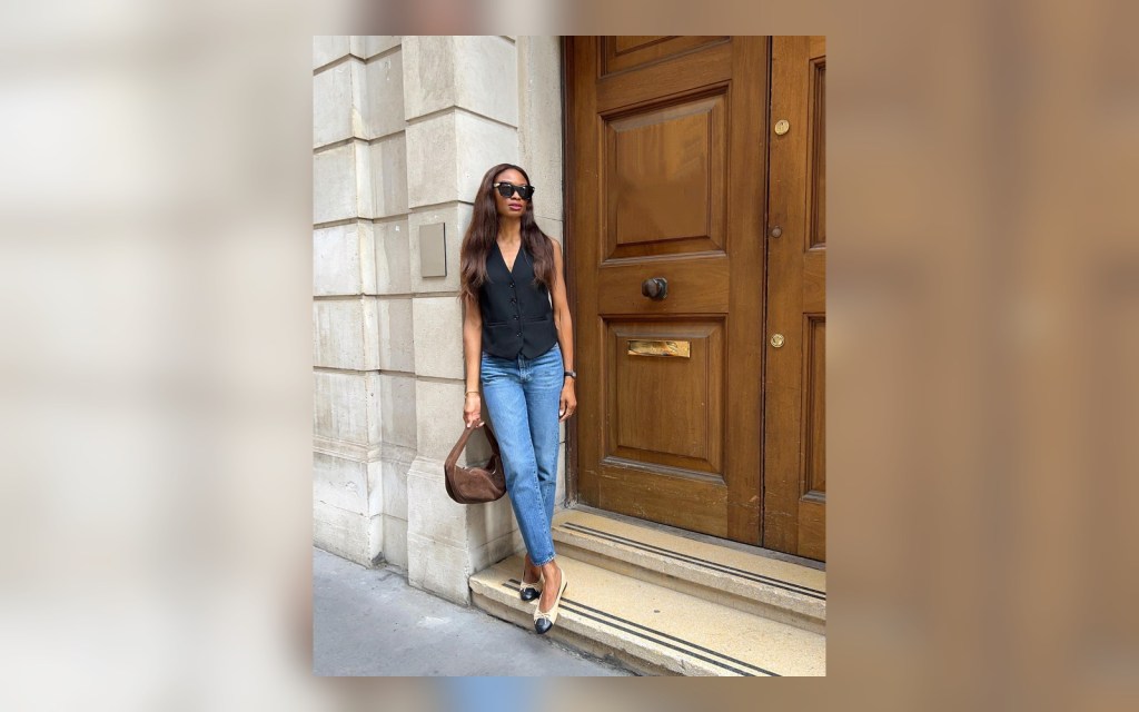 cropped jeans styled with ballet flats and a tailored vest