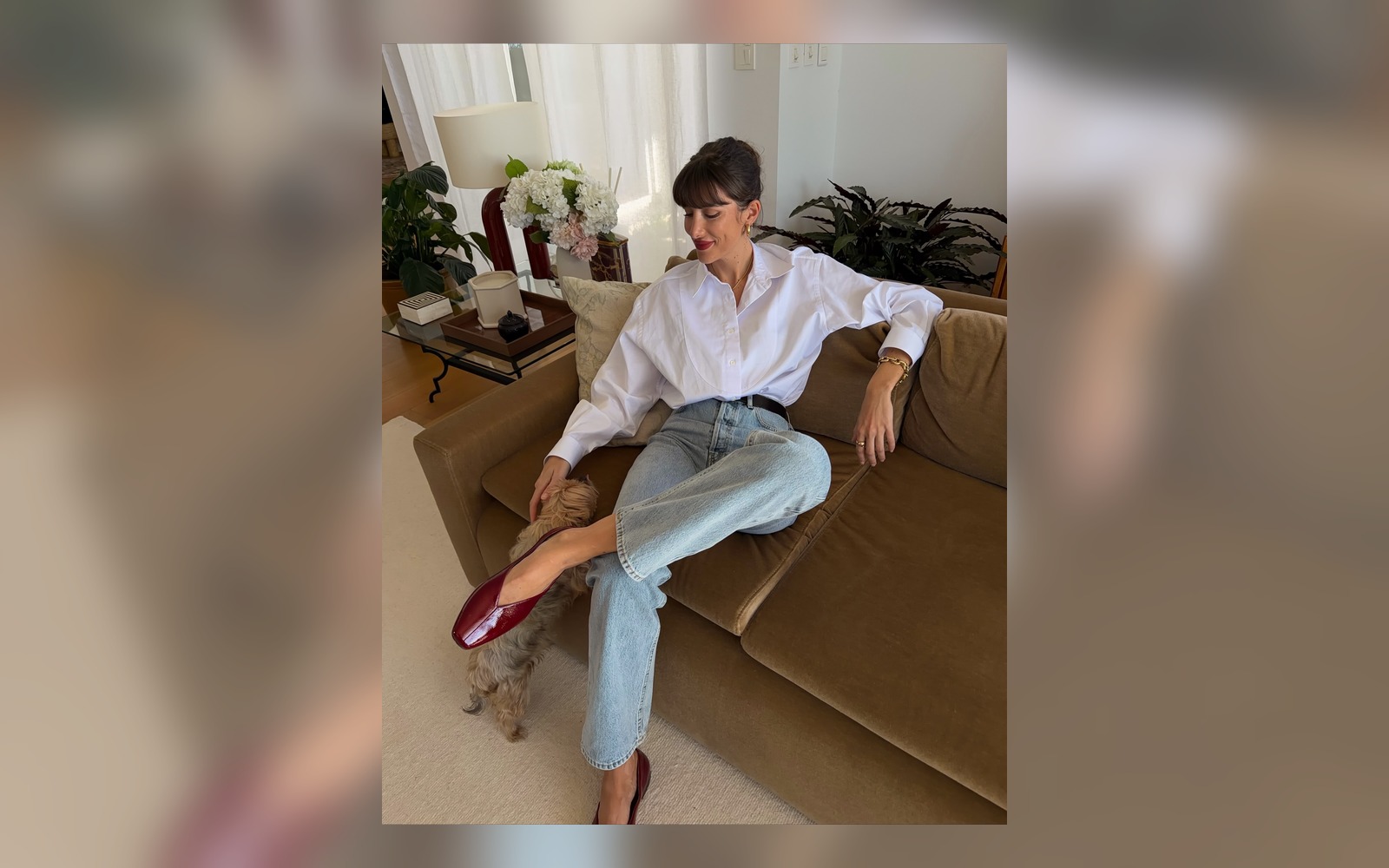 red ballet flats worn with cropped jeans and a white shirt