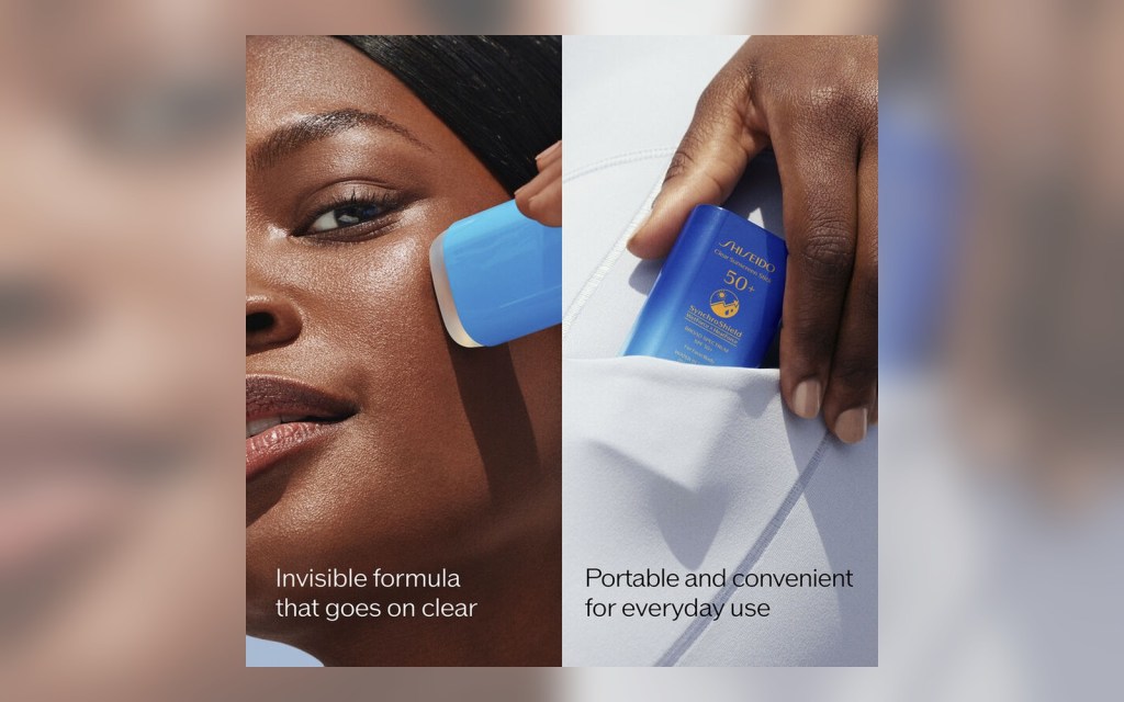 clear sunscreen stick applied to cheek with portable product shown