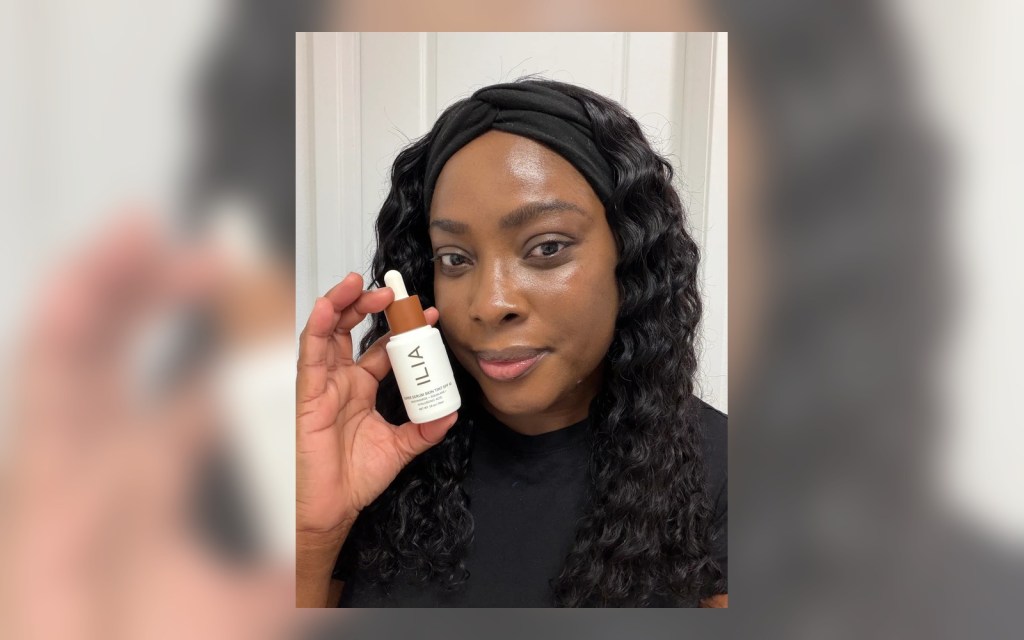 ILIA Super Serum Skin Tint held next to finished skin