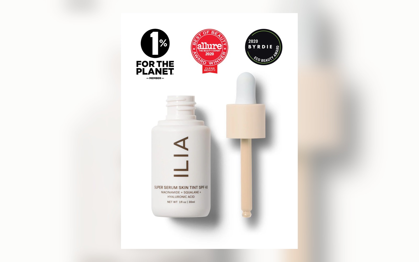 ILIA Super Serum Skin Tint SPF 40 product and dropper