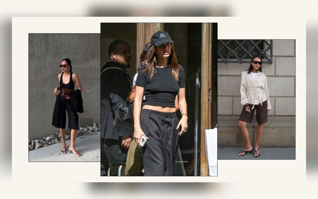 Bermuda shorts styled with heeled flip-flops