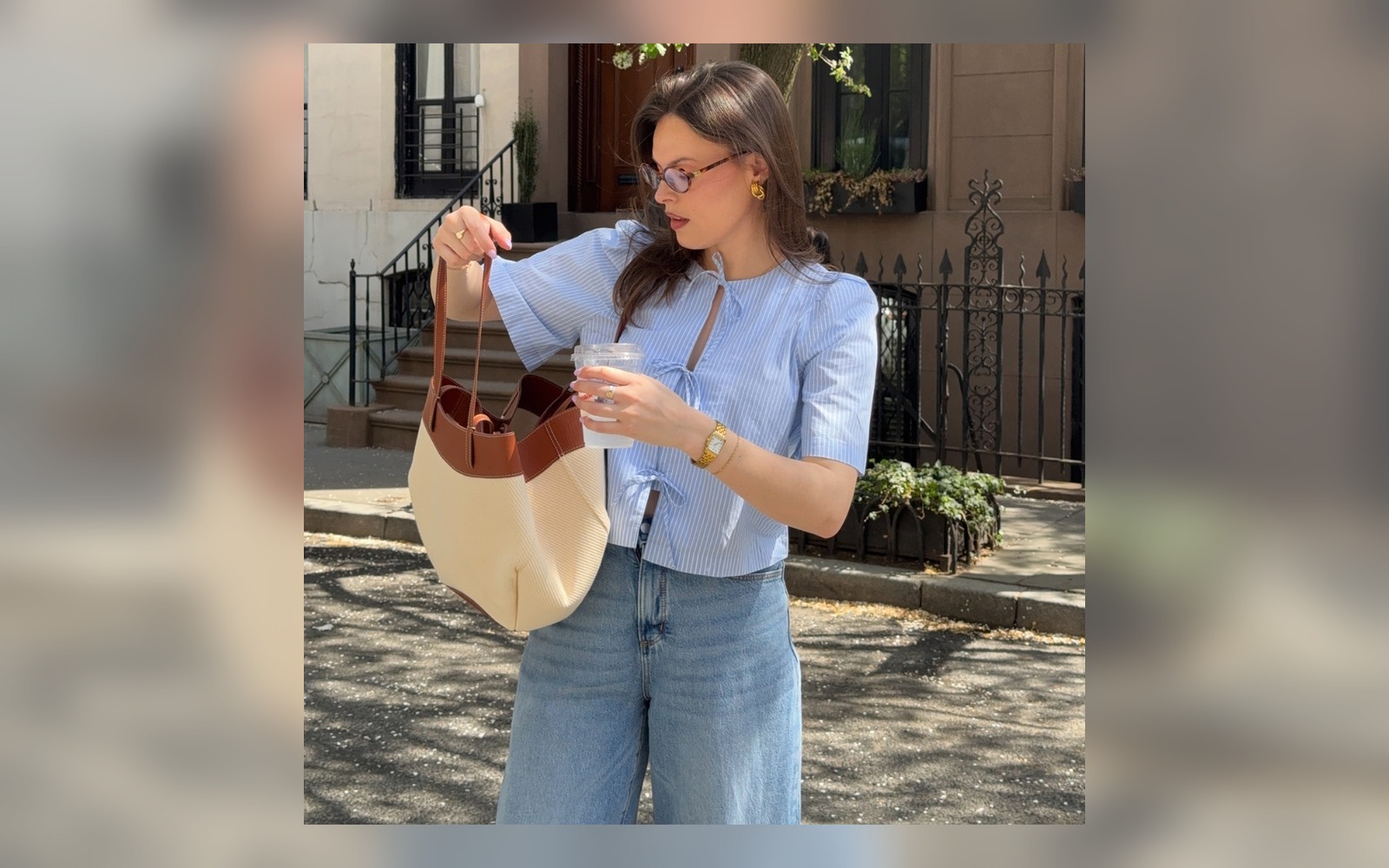 blue romantic blouse with light jeans