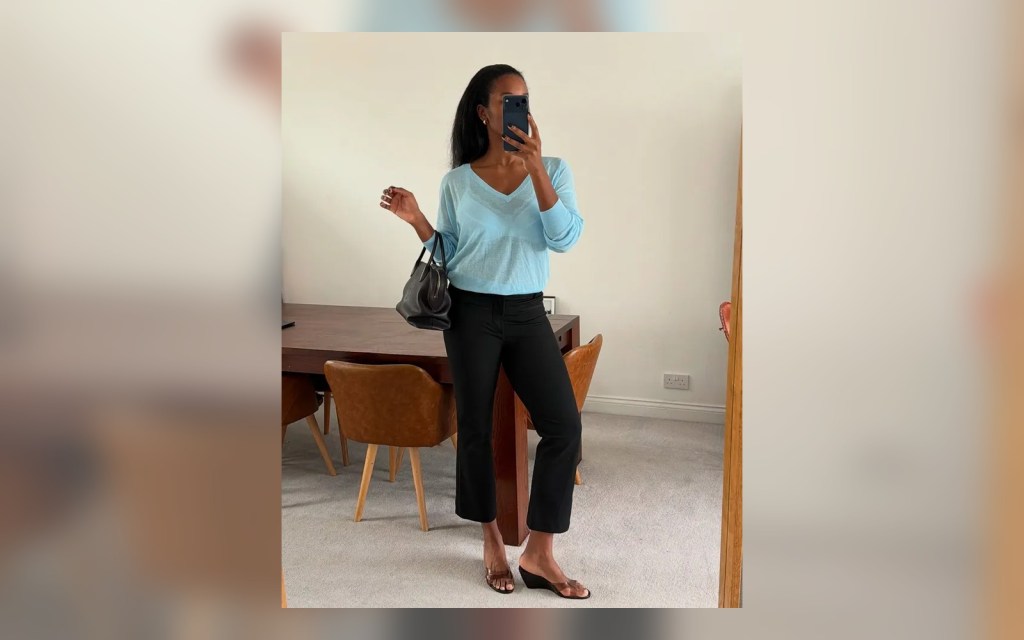 two tone flip flops with black cropped pants
