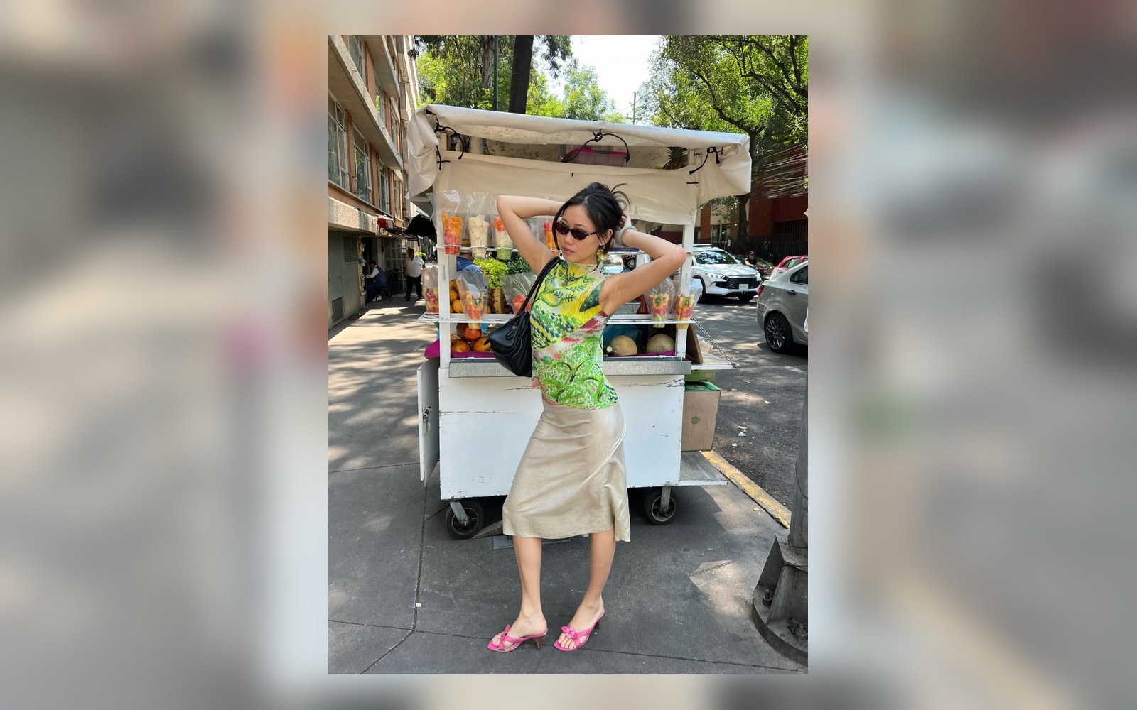 pink flip flops styled with a summer skirt