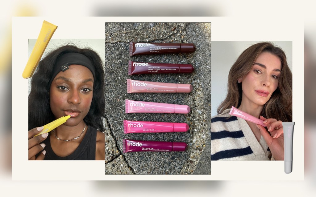 Rhode peptide lip treatment shown on lips with product tubes