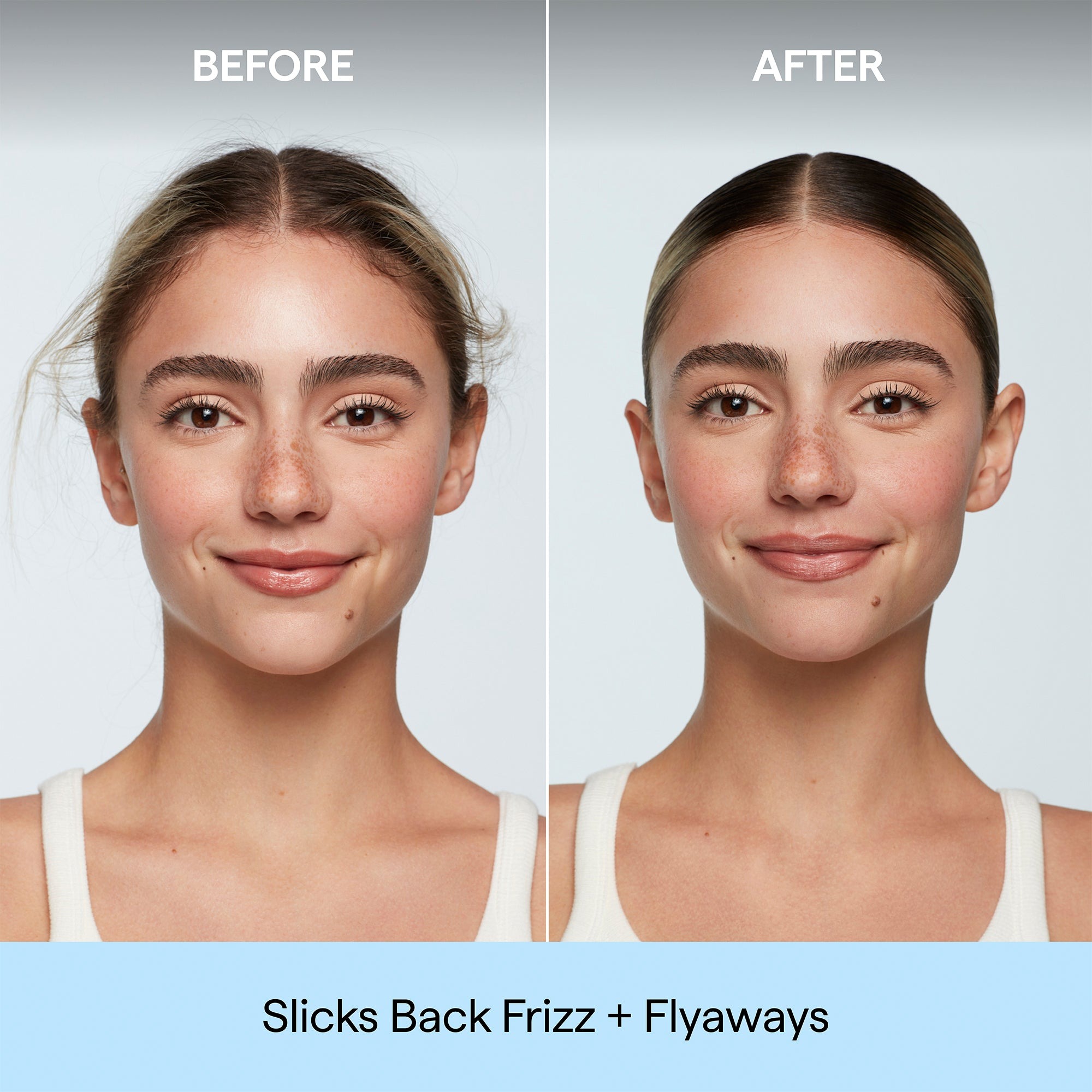 Before and after official image showing hair flyaways smoothed back with a hair wax stick.