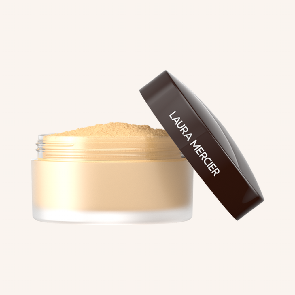 Open Laura Mercier Translucent Loose Setting Powder jar beside its branded lid